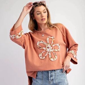 easel Dusty Peach Floral Appliqué Sweatshirt